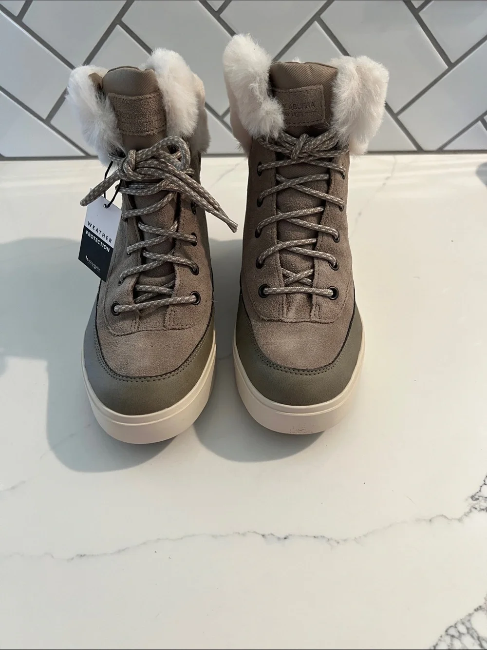 Koolaburra Olive Suede Faux-Fur Cuff Weather-Resistant Lace-Up Boots